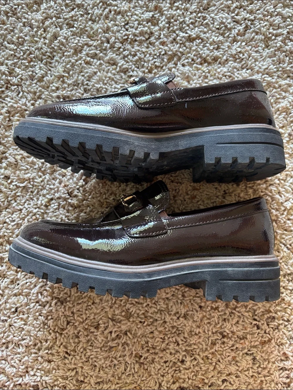 Women’s Patent Leather Loafer with Gold Bit - Brown